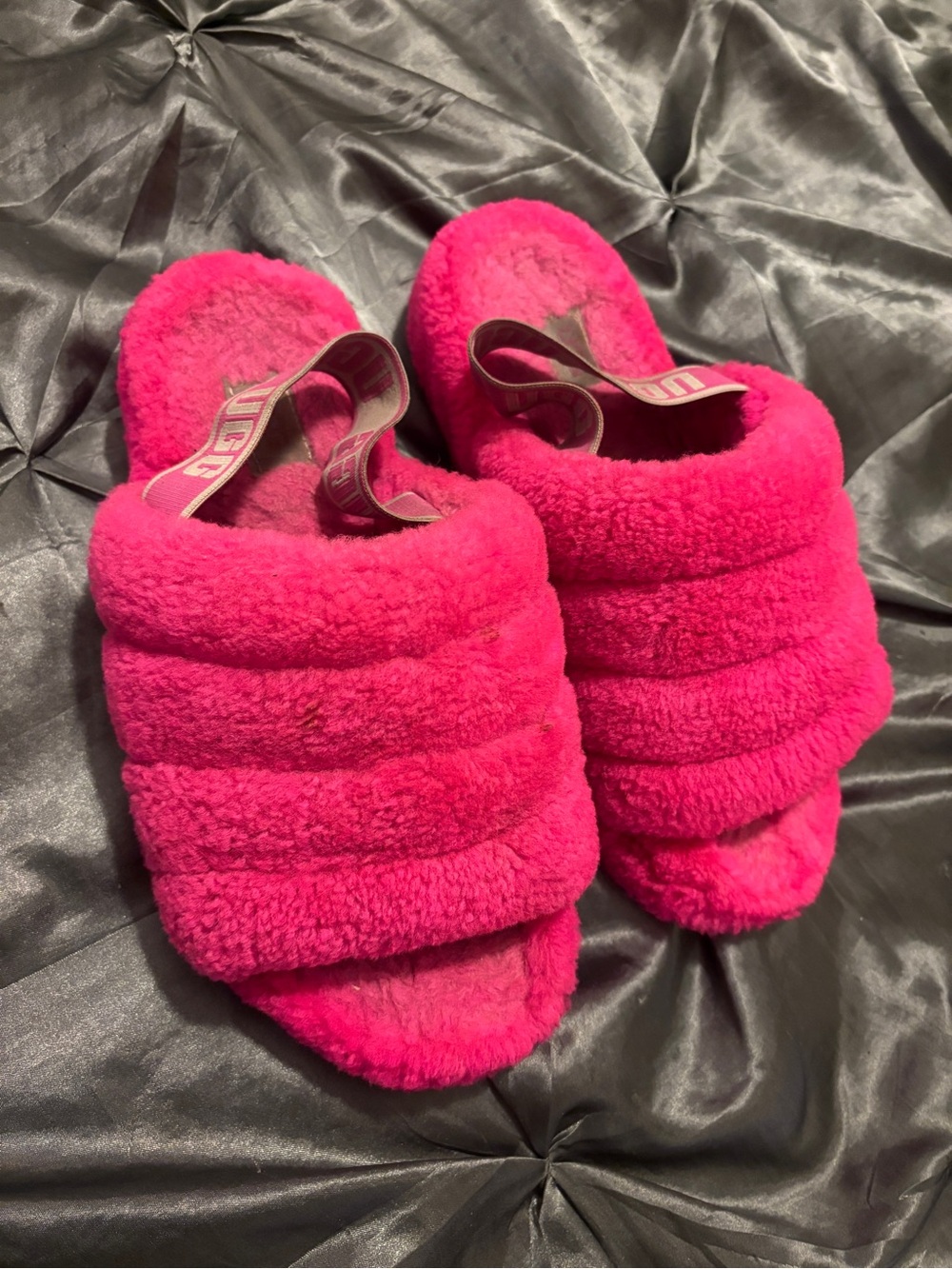 UGG Bright Hot Pink Plush Slide Slippers with Branded Heel Strap